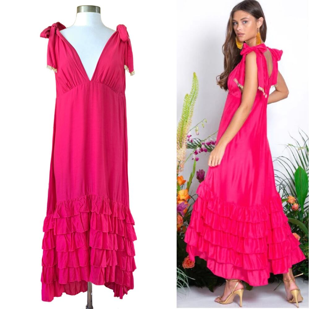 SUNDRESS Maggie Fuchsia Pink Midi Maxi Dress Large Deep V Ruffle Hem Cotton Silk